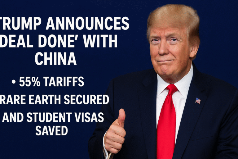 Trump Announces Deal Done with China 55% Tariffs, Rare Earth Secured and Student Visas Saved.